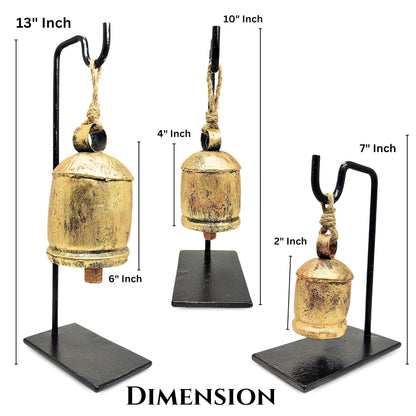 Pack of 3 Golden Bells with Metal Stand in Black Colour in Single Pack, Harmony Cow Bells Christmas Hanging XL Bells On Rope (3, Rectangular)