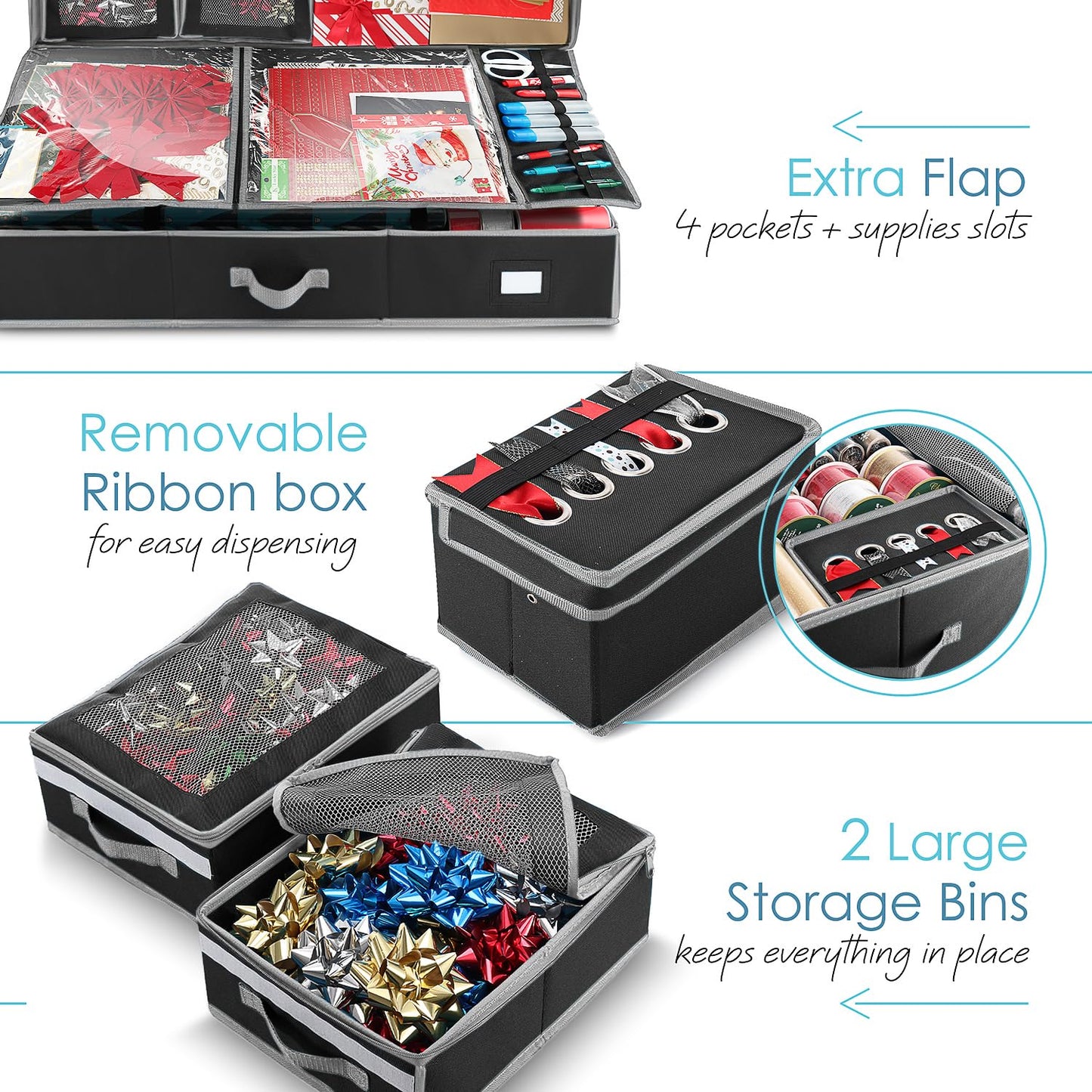 Hearth & Harbor Holiday Storage with Extra 2 PC of Christmas Storage Bins and Ribbon Storage Organizer - Fade Resistant Wrapping Paper Storage Containers with Wheels Fits Up to 30 Rolls of 40" Length