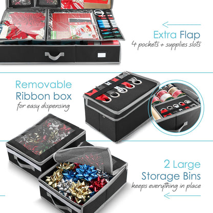 Hearth & Harbor Holiday Storage with Extra 2 PC of Christmas Storage Bins and Ribbon Storage Organizer - Fade Resistant Wrapping Paper Storage Containers with Wheels Fits Up to 30 Rolls of 40" Length