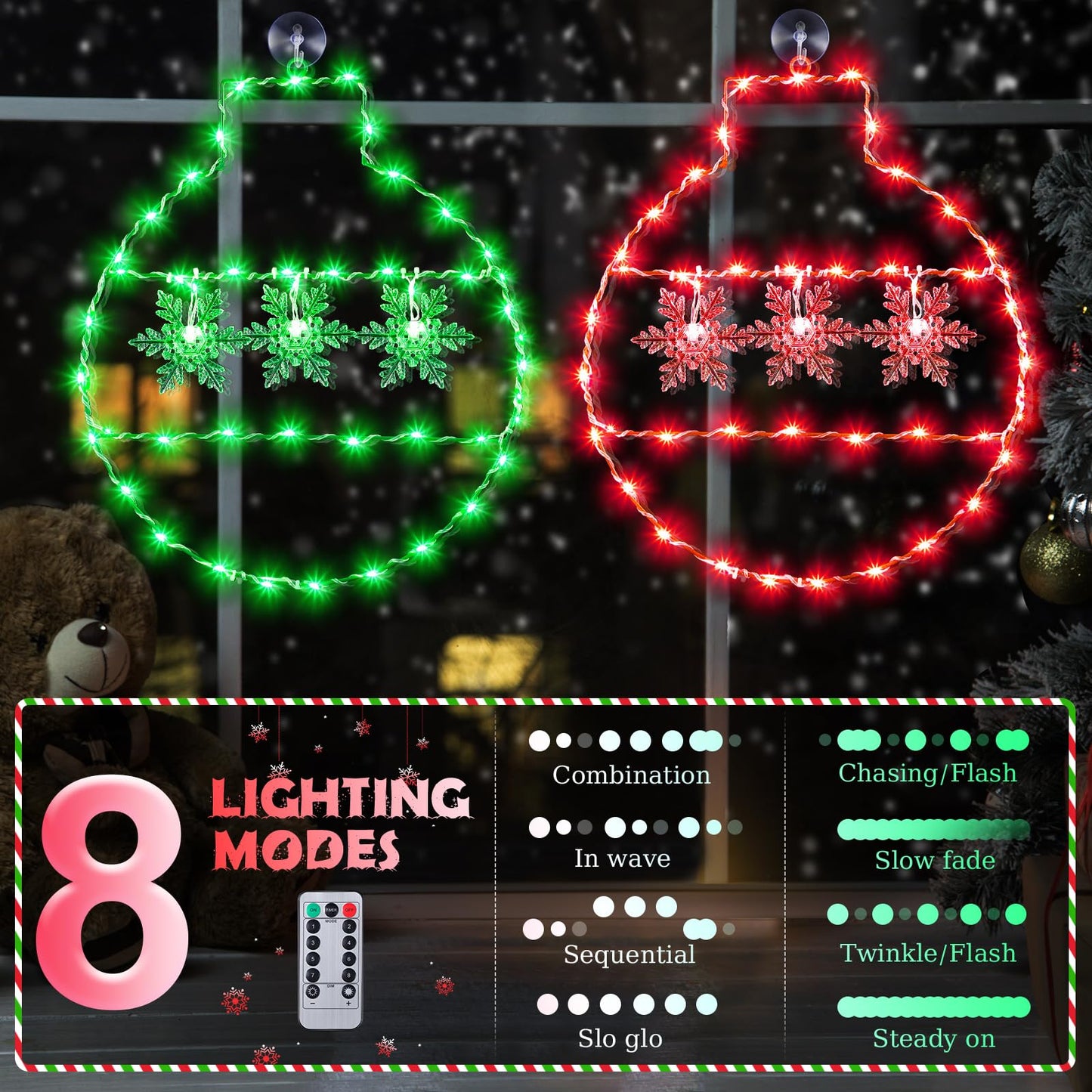 Hiboom 2 Pcs Christmas Window String Lights Decorations, 8 Modes Giant Green and Red LED Christmas Ball Window Lights with Snowflake, USB Powered and Remote Timer for Xmas Indoor Party Decor