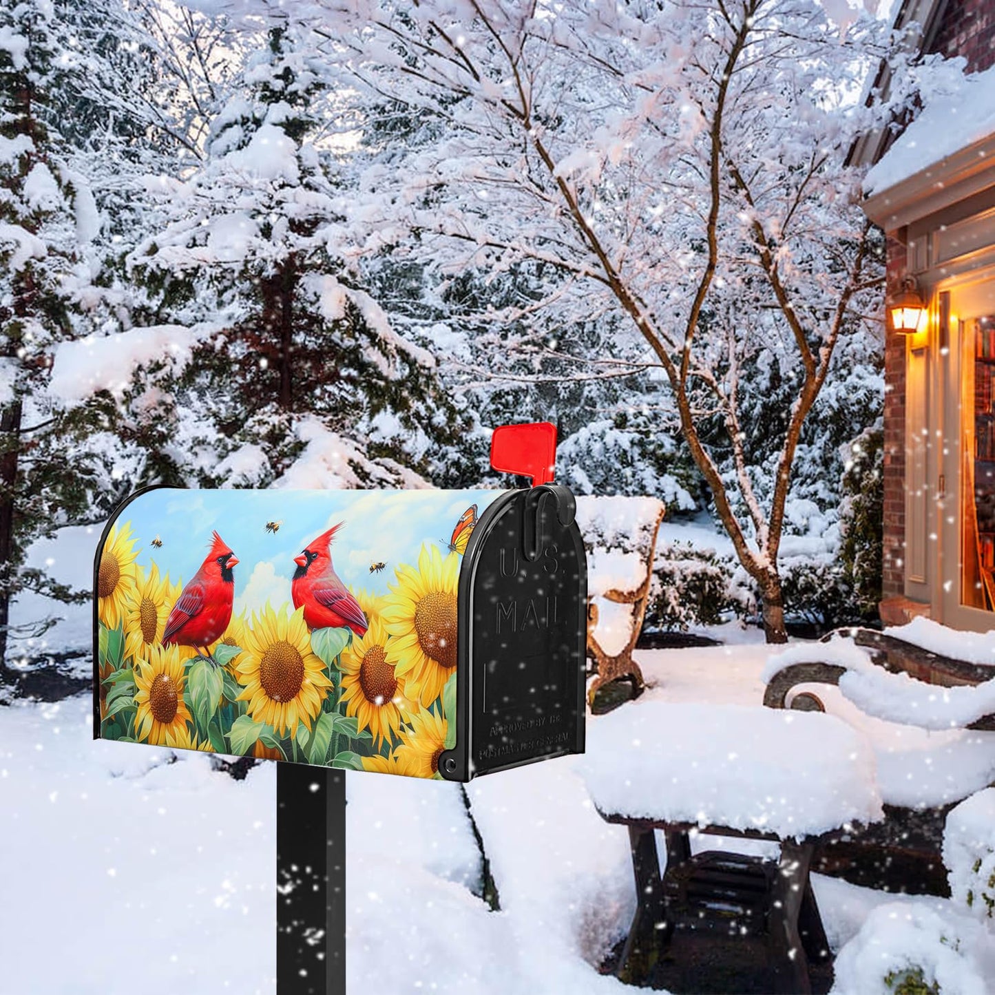 Cardinal Birds Mailbox Cover Summer Mailbox Covers Magnetic Standard Size 21x18 inch Sunflower Bee Butterfly Mail Box Covers for Outdoor Farmhouse Garden Yard Decor Red Bird
