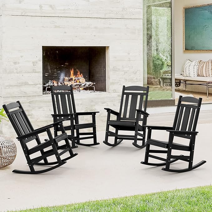 LUE BONA Outdoor Rocking Chairs Set of 4, Weather Resistant HDPS Poly Rocker Chairs, 350lb Heavy Duty, Oversized Porch Rocker for Adult, High Back Smooth Rocking Chairs for Outdoor & Indoor, Black