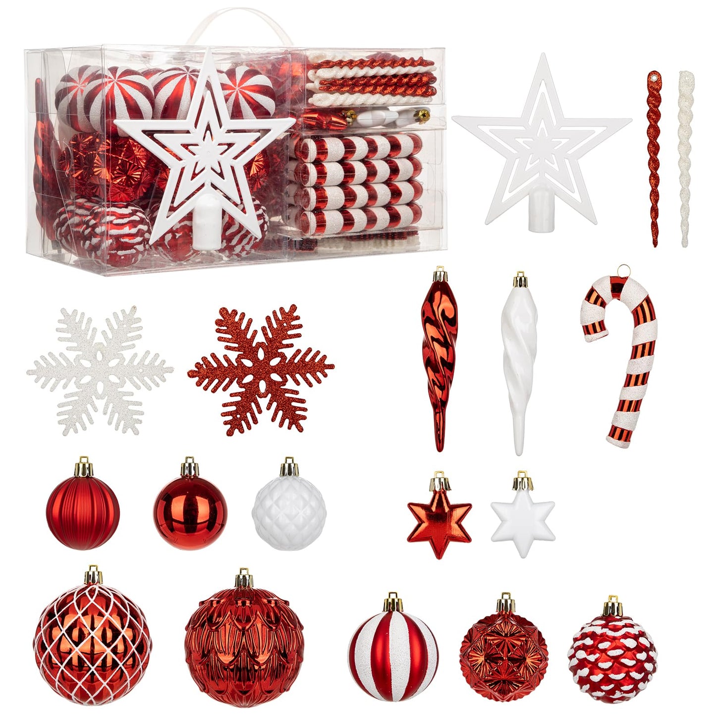 Briful 80ct Red & White Christmas Balls Ornament Set, Plastic Shatterproof Christmas Ornament Balls with Tree Topper Candy Canes Snowflakes for Xmas Tree Wreath Garland Decor