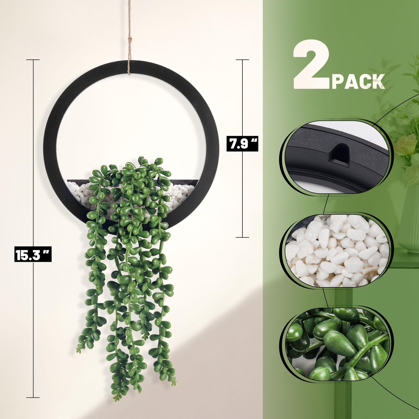 Der Rose 2 Pack Fake Plants Hanging Artificial Succulents Plants in Black Pots for Living Room Bathroom Accessories Boho Farmhouse Wall Decor