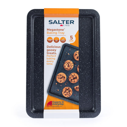 Salter COMBO-8261 Baking Tray Set of 2, Non-Stick Carbon Steel Oven Sheet, Easy Clean, Strong & Durable, Long Lasting, PFOA-Free, Megastone Collection, Black/Silver, 37 cm