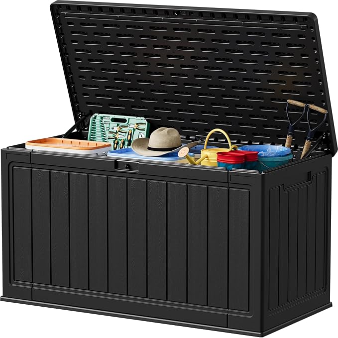 Devoko 160 Gallon Double-Wall Deck Box with Divider, Side Handles, HDPE Outdoor Large Storage Box Waterproof and Lockable for Patio Furniture, Garden, Pool (Black, 160 Gallon)