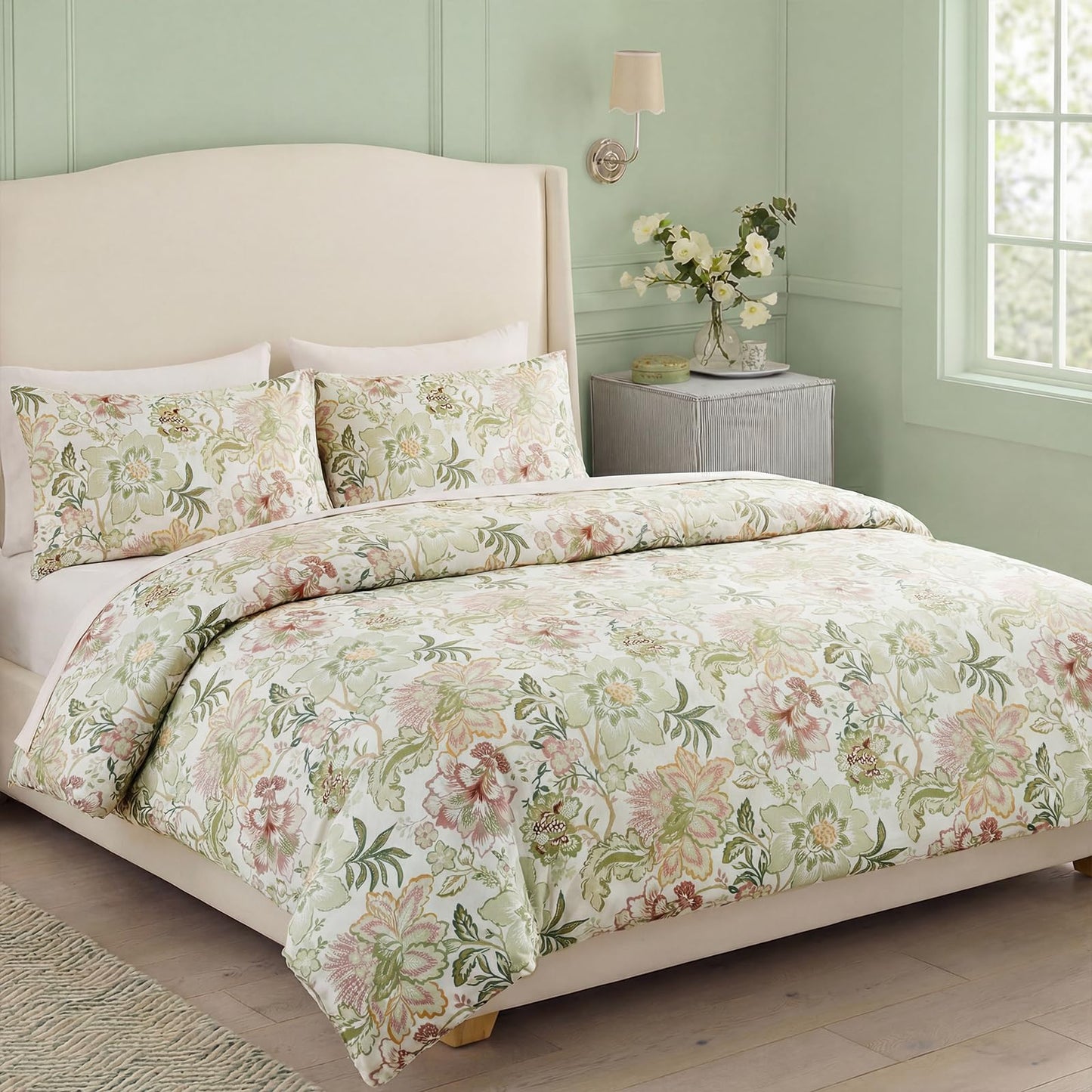 Bedorm 100% Cotton Duvet Cover Set Botanical Floral Bedding King Pink Flower Green Leaf French Country Bedroom Decor Soft & Durable Duvet Cover with Zipper Closure and Corner Ties