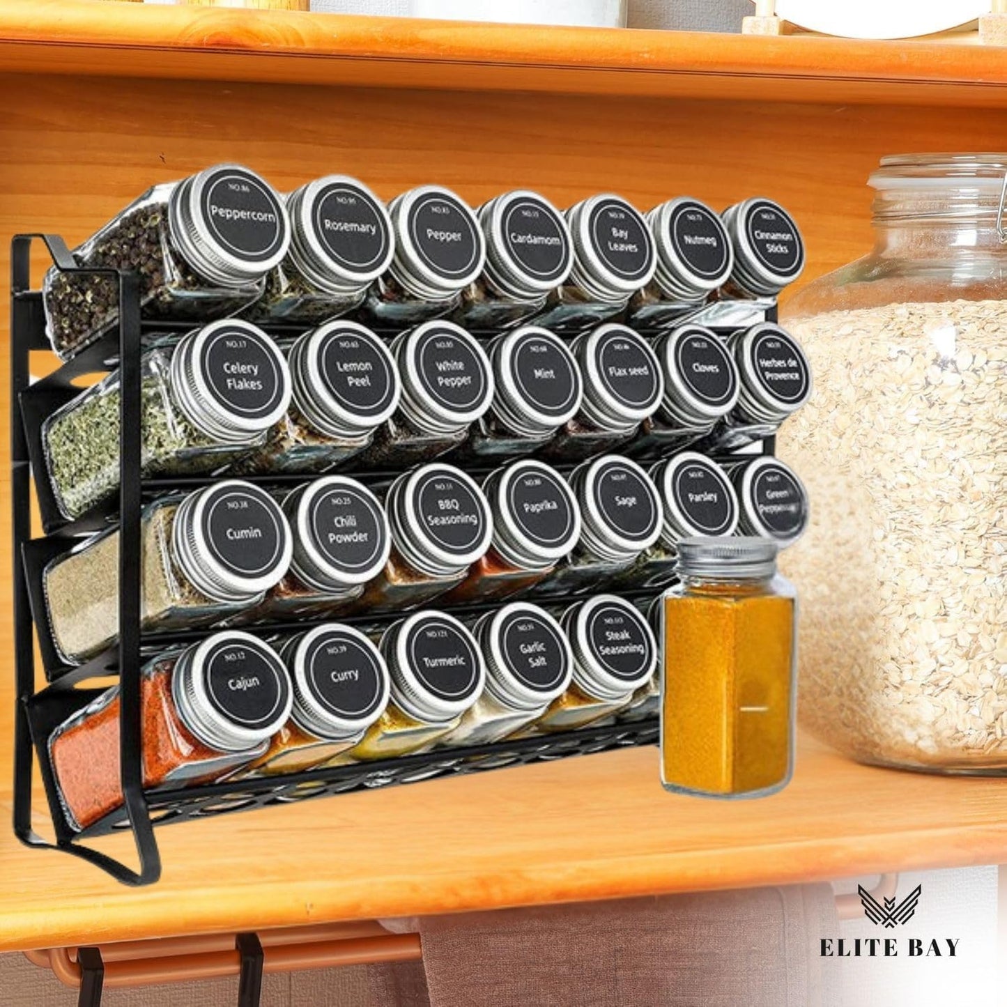 ELITE BAY-Spice Jar Rack Organizer with KEEP – 4-Tier Organizer with 28 Empty Bottles, 180 Waterproof Labels (55 Blanks) & Funnel| Space-Saving Spice Storage for Kitchen Counter or Cabinet.