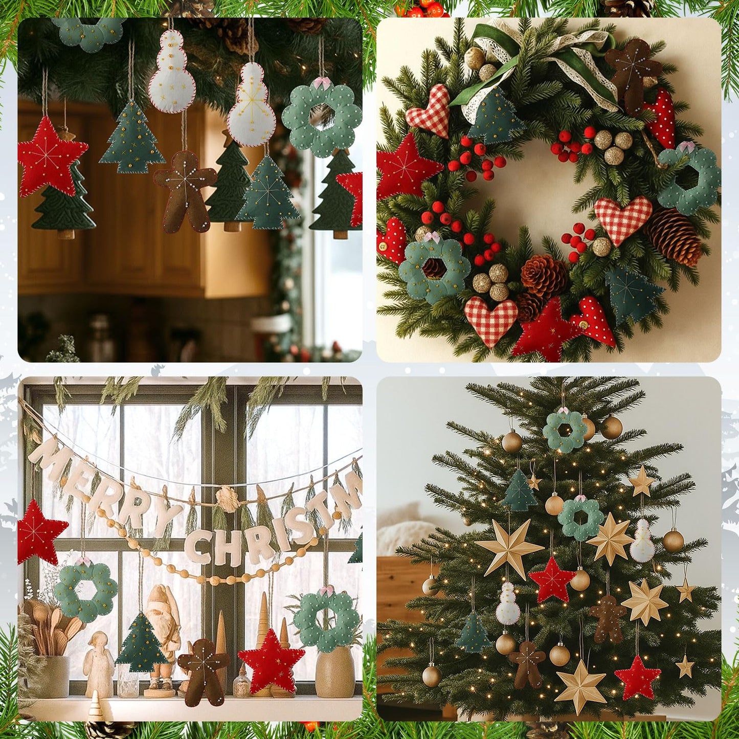 Suncalla 10 Pieces Embroidered Felt Christmas Ornaments Felt Cookies Ornament Christmas Tree Gingerbread Man Wreath Stars Snowman Hanging Decoration for Xmas Holiday Party Toy(Green and Red,Classic)