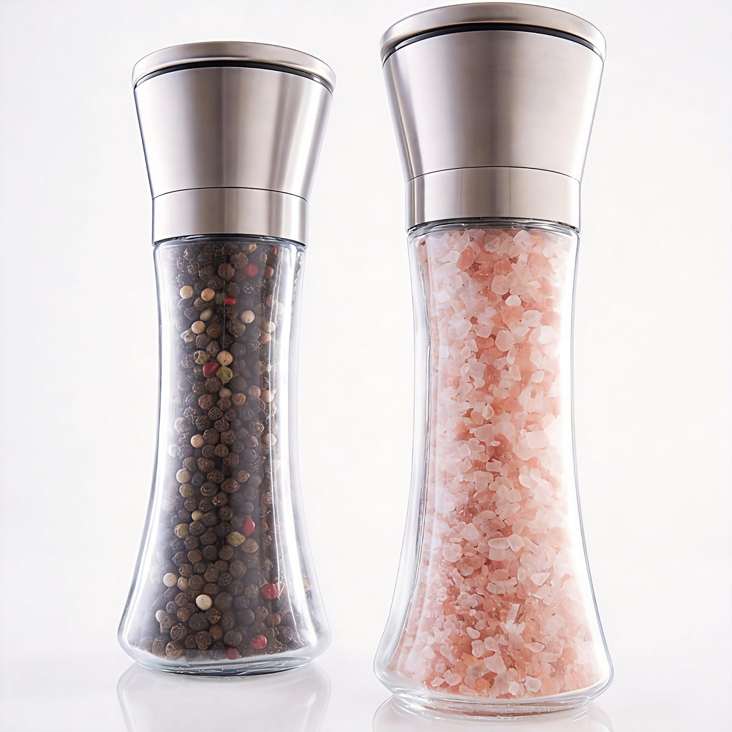 Gorgeous Salt & Pepper Grinder Set — Refillable Stainless Steel & Glass Spice Mill with Adjustable Coarseness - Perfect For Himalayan Or Sea Salts, Fresh Ground Pepper, Or Fresh Spices (2 Pack)