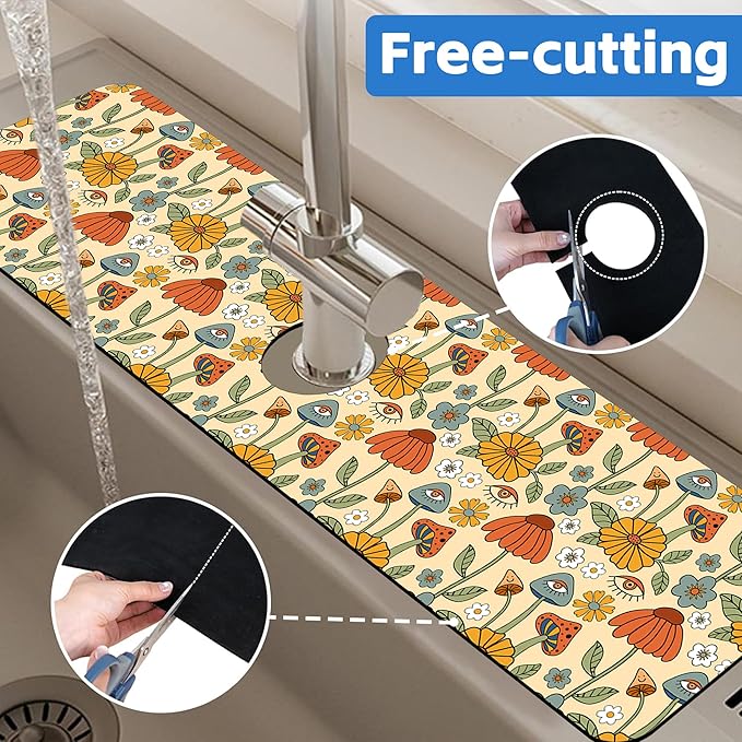 Abstract 70s Mushroom Floral Sink Faucet Absorbing Mat Sink Splash Guard Faucet