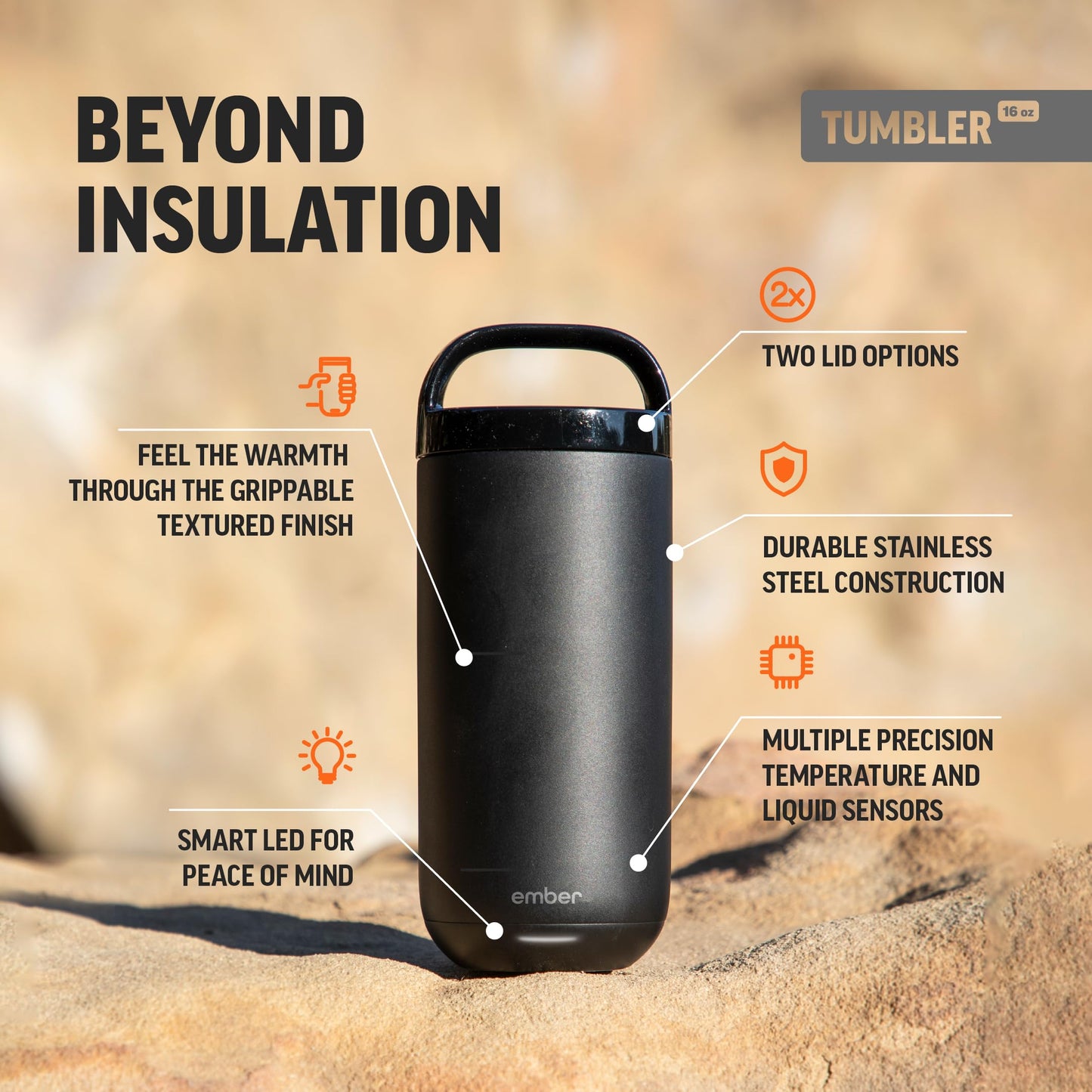 Ember Tumbler, Temperature Control Travel Mug, Stainless Steel, App-Controlled Heated Coffee Mug with 3-Hour Battery Life, Black, 16 Oz