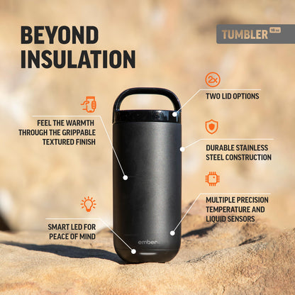 Ember Tumbler, Temperature Control Travel Mug, Stainless Steel, App-Controlled Heated Coffee Mug with 3-Hour Battery Life, Black, 16 Oz
