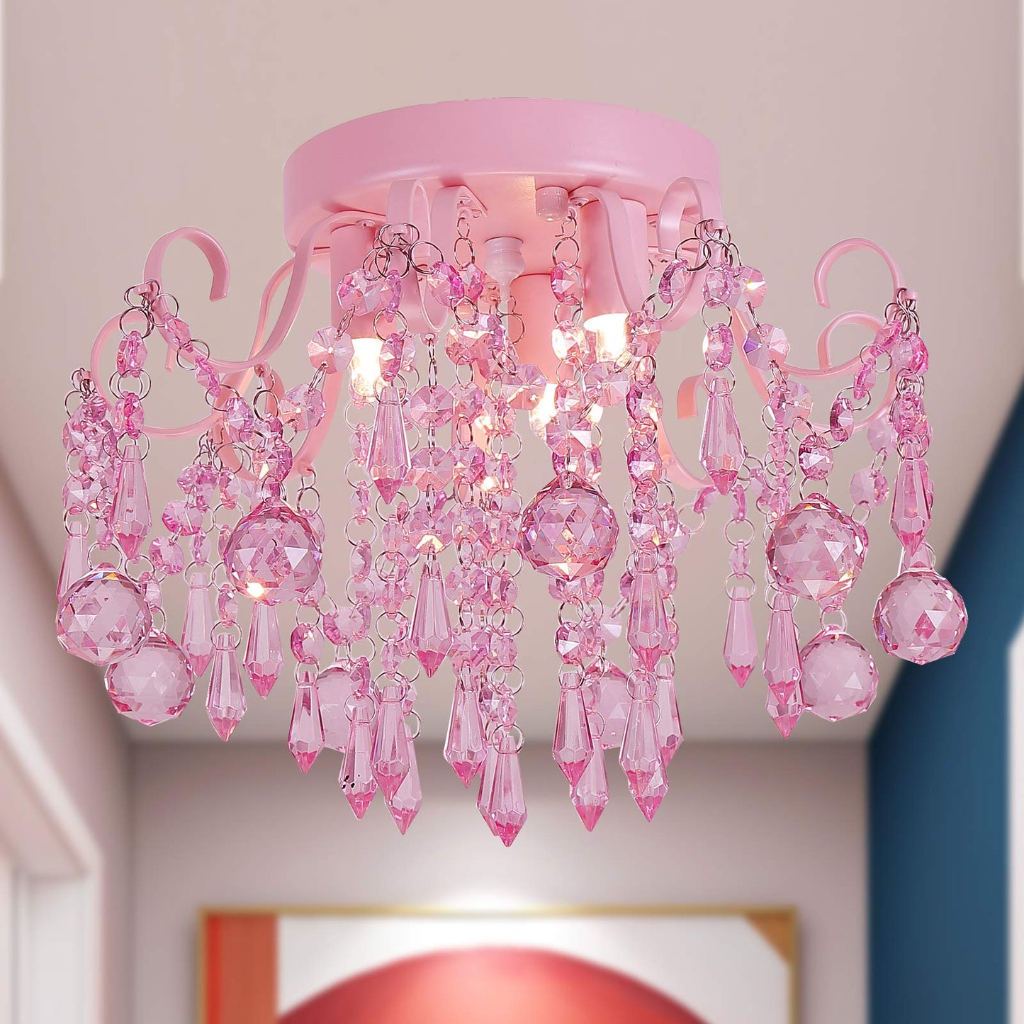 Q&S Mini Crystal Chandelier,Semi Flush Mount Pink Girl Chandelier, Small Crystal Ceiling Light Fixture Bedroom Bathroom Closet Nursery 3 Lights