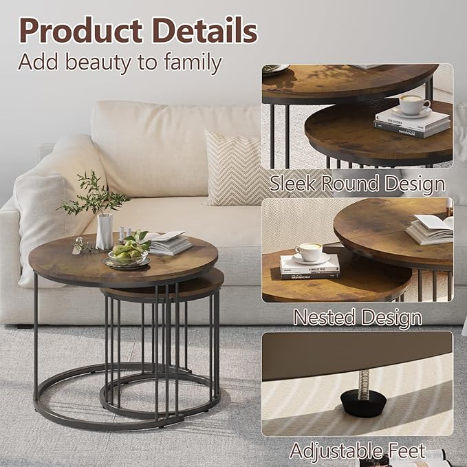 Garden 4 you Nesting Coffee Table, 23.6" Round Coffee Table Set of 2, Wooden