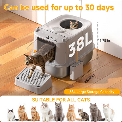Stainless Steel Cat Litter Box with Lid, XL Extra Large Metal Litter Box for Big Cats, 180° Flip Cover Enclosed Top Entry Litter Boxs with High Sided Enclosure & Scoop, Non-Sticky, Anti-Leakage