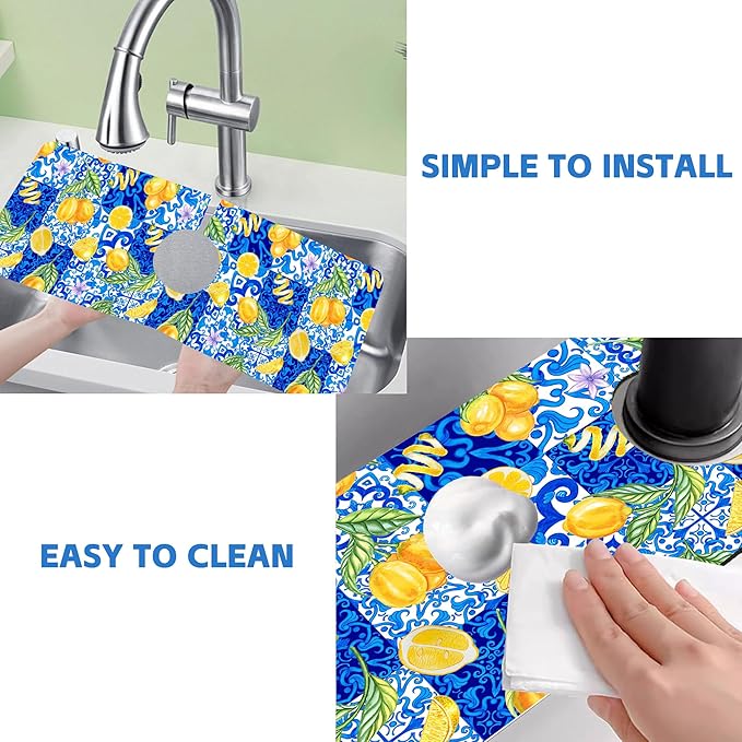 Blue Tiles and Yellow Lemon Sink Faucet Absorbing Mat Sink Splash Guard Faucet