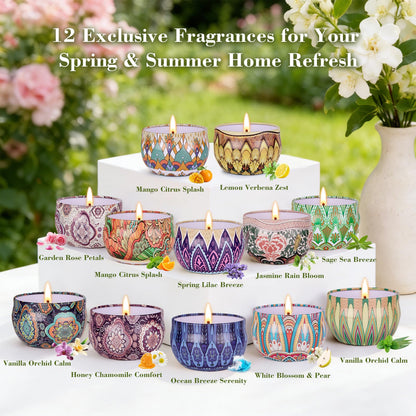 Scented Candle Gift Set - 12 Pack Candles for Home Scented, 300-Hour Long-Lasting Soy Wax Aromatherapy Candles with Lead-Free Cotton Wicks, Ideal for Spring Home Décor & Birthday Gifts