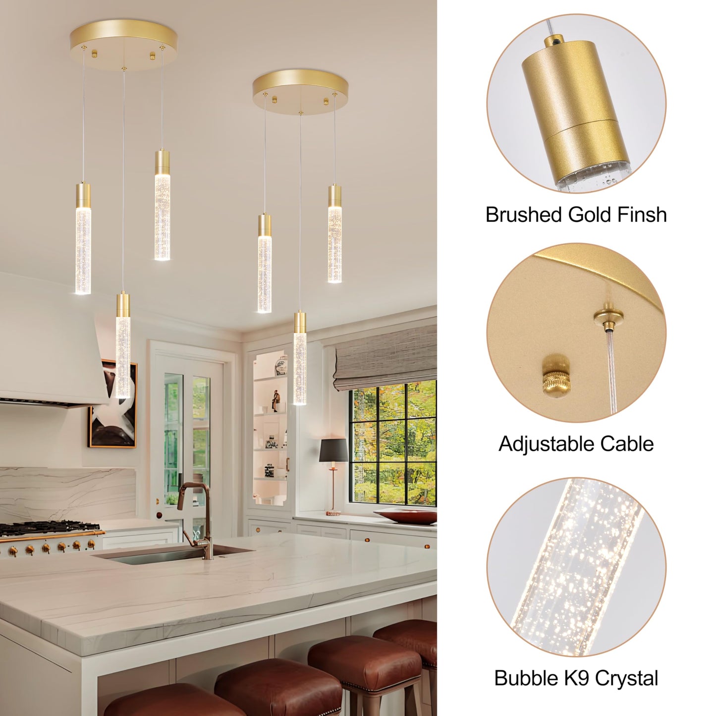 votag 3 Light Pendant Lights Kitchen Island,Modern LED Bubble Crystal Pendants with Dimmable 3000K-6000K Ceiling Hanging Light Fixture for Dining Room Bedroom,Gold Finish,Adjustable Height 59"