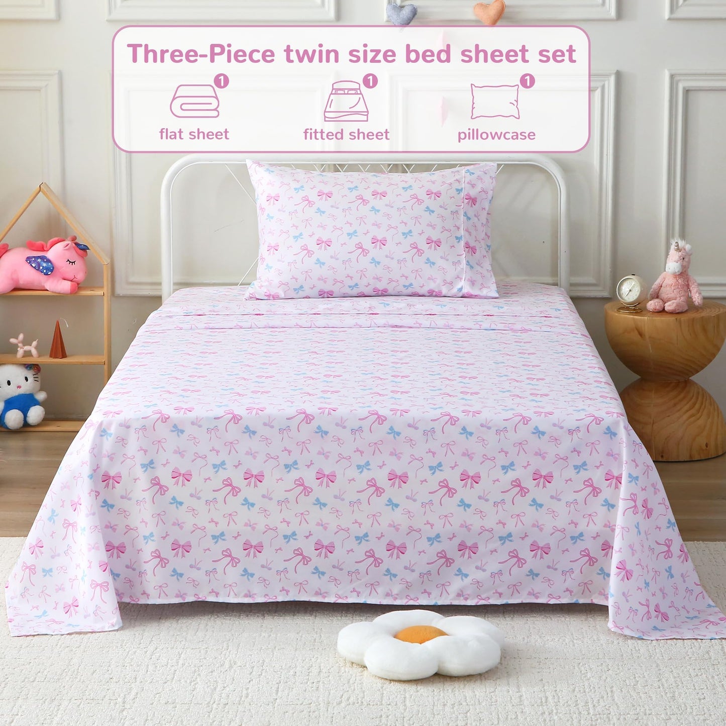Softan Kids Bed Sheet Set, Girls Full Size Kids Sheets, Microfiber Fitted Sheet and Pillowcase, Breathable and Silky Soft, 4 Piece Colourful Bowknot Printed Full Bed Sheet