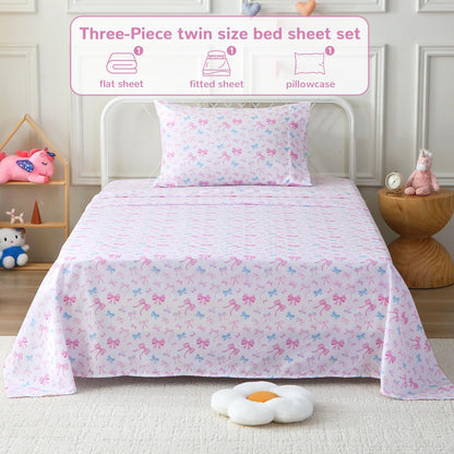 Softan Kids Bed Sheet Set, Girls Full Size Kids Sheets, Microfiber Fitted Sheet and Pillowcase, Breathable and Silky Soft, 4 Piece Colourful Bowknot Printed Full Bed Sheet