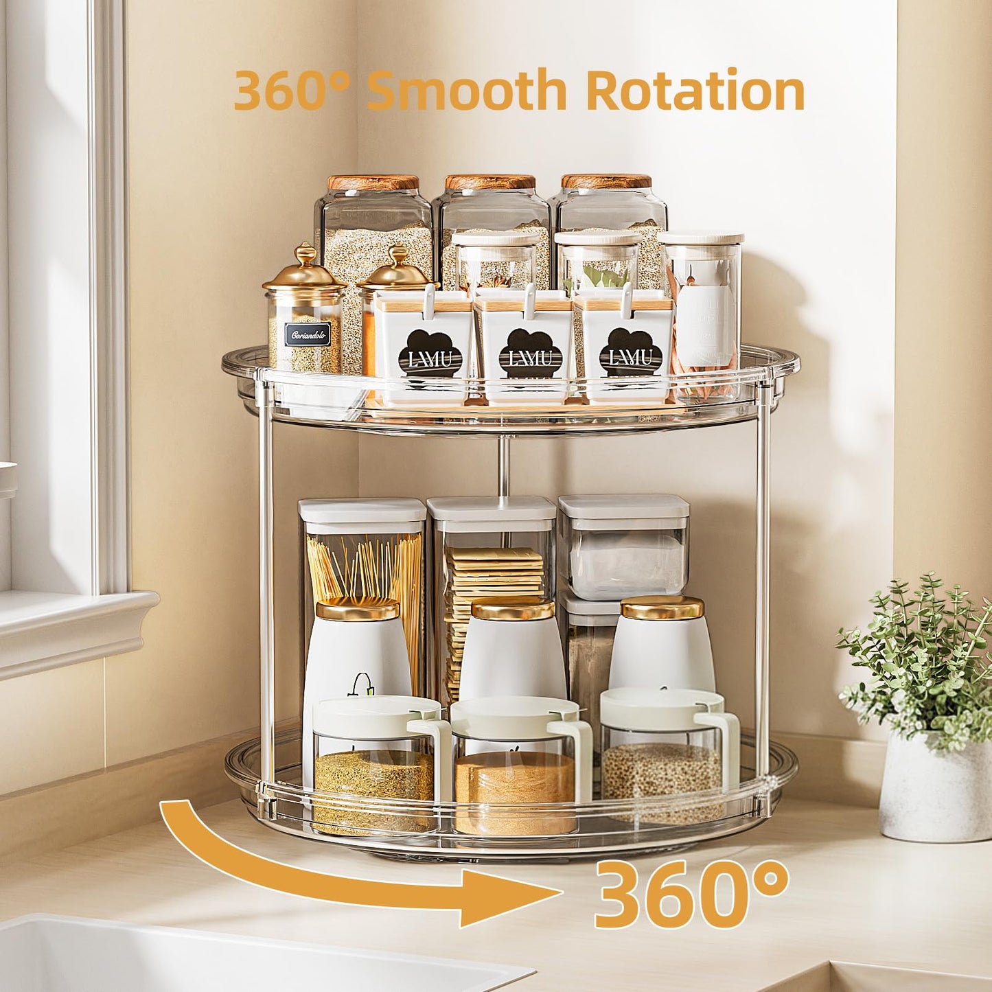 LAMU 2 Tier Lazy Susan Turntable Organizer for Cabinet, 9'' Rotating Spice Rack for Kitchen, Pantry, Countertop, Bathroom, Vanity, Under Sink, Medicine Cabinet Organizer, 1 Pack