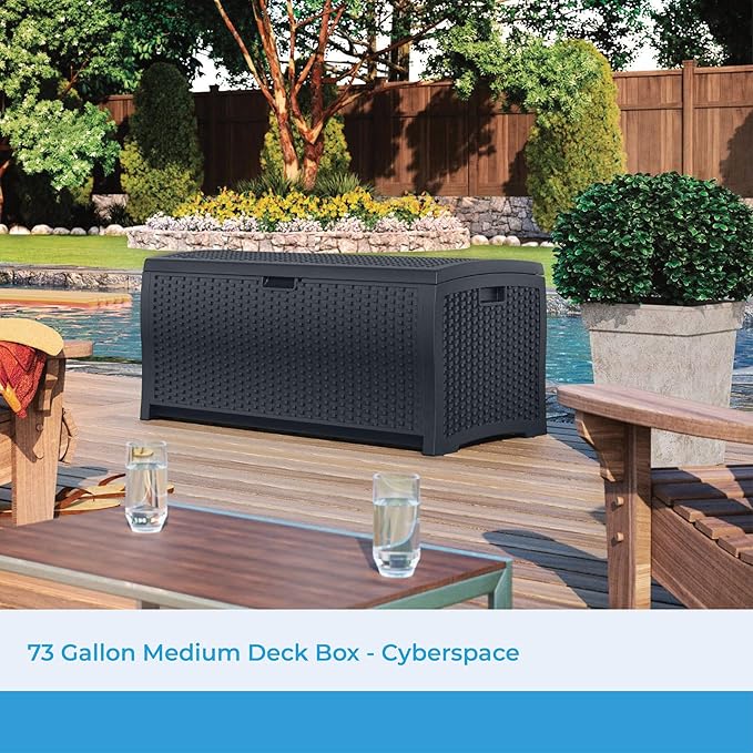 Suncast Outdoor Storage Box - 73 Gallon Cyberspace Resin Wicker Deck Box with Lockable Lid, Outdoor Storage Bin for Patio Cushions, Shoes, Pool & Garden Gear, Made in USA