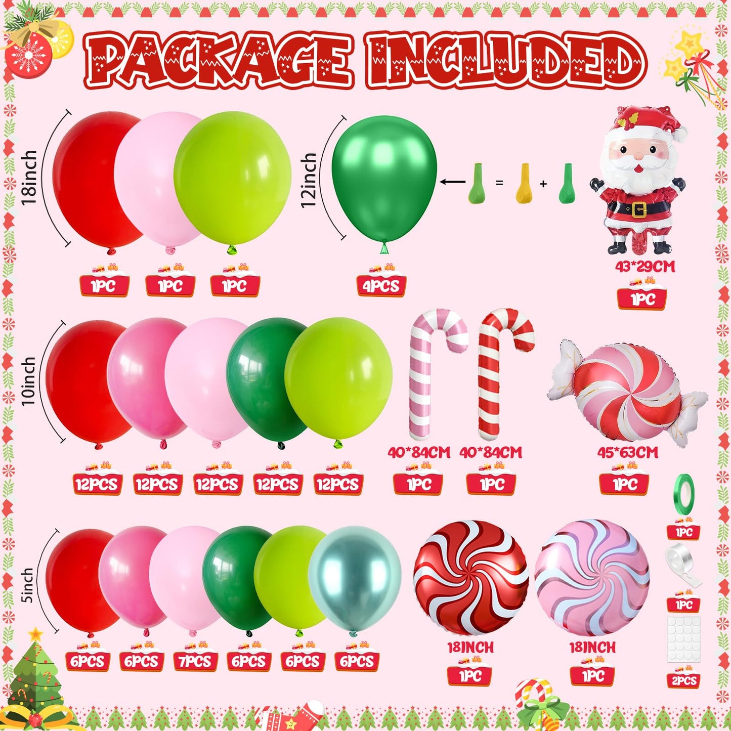 FunHot Christmas Balloon Arch Kit, Xmas Fruit Green Pink Balloon Garland, Hot Pink Red Metallic Green Latex Balloons with Candy Cane Santa Claus Windmill Foil Balloons for Christmas Party Decorations