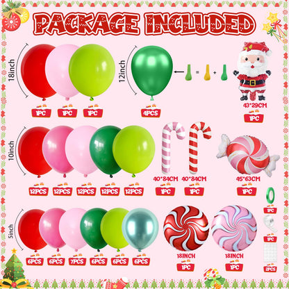 FunHot Christmas Balloon Arch Kit, Xmas Fruit Green Pink Balloon Garland, Hot Pink Red Metallic Green Latex Balloons with Candy Cane Santa Claus Windmill Foil Balloons for Christmas Party Decorations