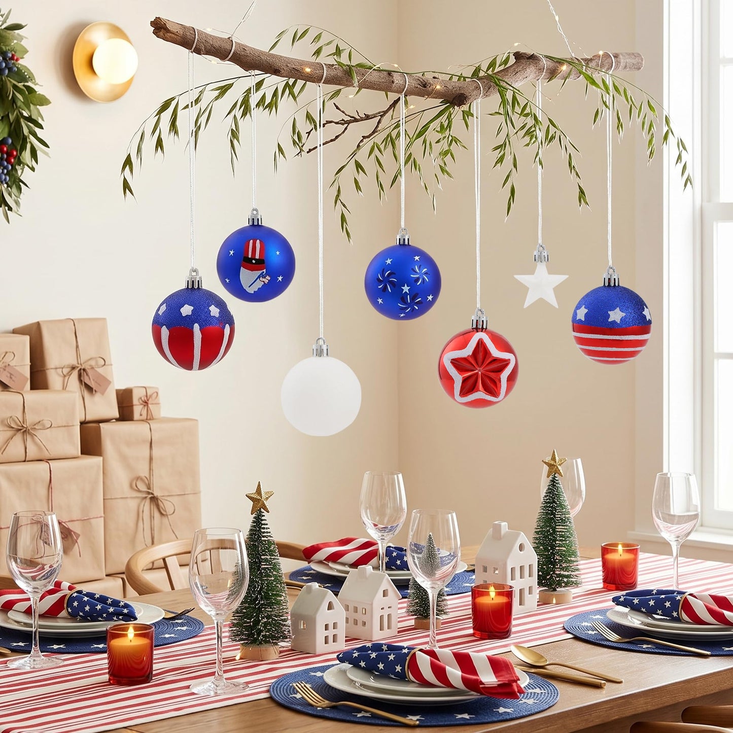 100Pcs 4th of July Tree Decorations Patriotic Ornaments, 2.36'' Memorial Day Red White Blue Ornaments and Star, Shatterproof American Hanging Ball Decor for Independence Day USA 250th Holiday