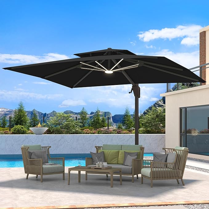 10 X 13 FT Cantilever Patio Umbrella with LED Lights Outdoor Heavy Duty Double Top Windproof Rectangle Offset Umbrellas with 360-degree Rotation for Pool Deck Backyard, Black