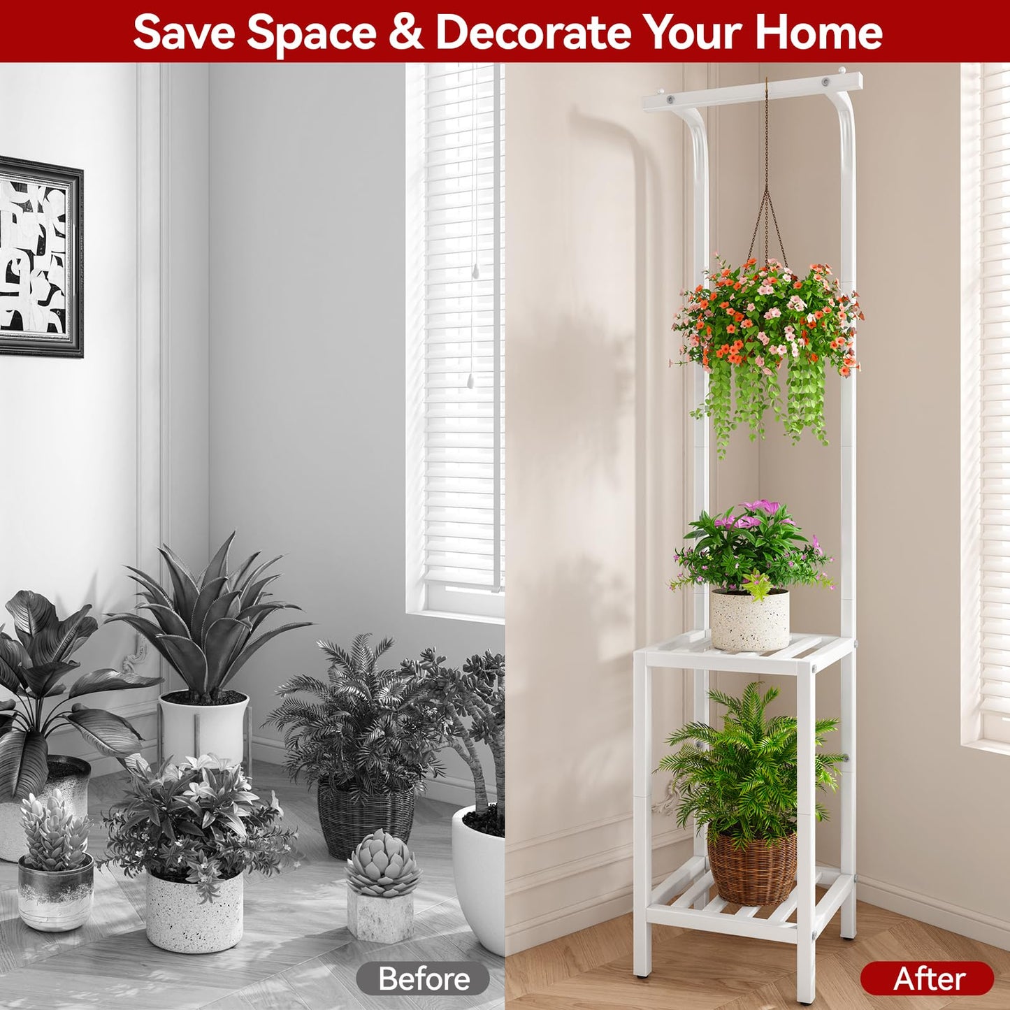 IBUYKE 67 Inch Tall Plant Stand Indoor Outdoor, 3 Tier Metal Hanging Plant Shelf for Multiple Plant, Heavy Duty Plant Holder Flower Stand for Living Room Patio Balcony Garden, White TMJ076W