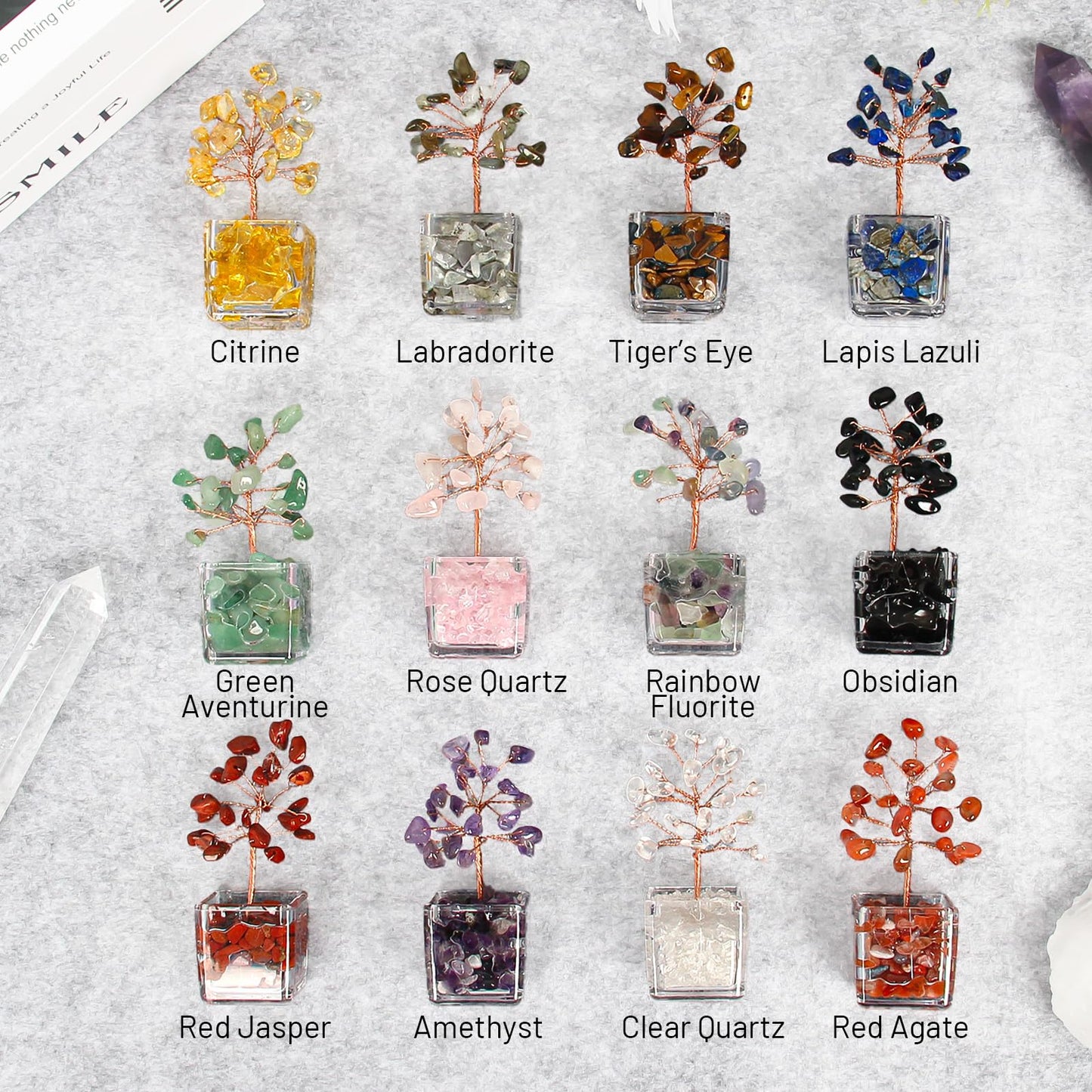 Orientrea 12Pcs Mini Crystal Tree Set, Healing 7 Chakra Tree of Life for Office & Home Decor, Positive Energy, Crystals and Healing Stones for Women, Sister, Mom, Coworkers
