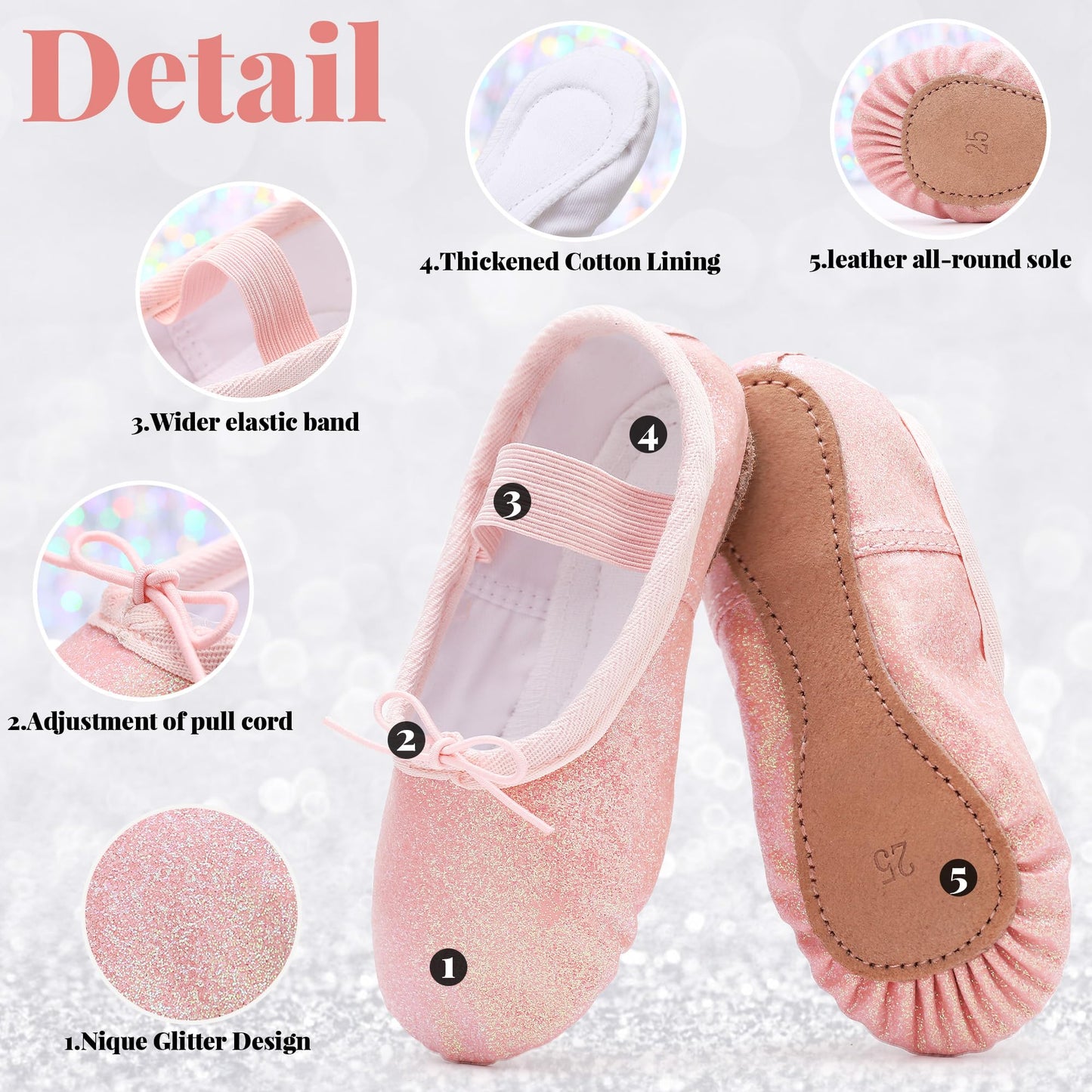 Ballet Shoes for Girls Glitter Ballet Dance Shoes Leather Dance Slippers Full Sole Ballet Dance Flats for Childrens Kids Toddler for Dance Performance Gymnastics Pink 7 Little Kid
