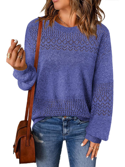 Lylinan Womens Sweaters Casual Boho Long Sleeve Shirts Crewneck Lightweight Crochet Tops Pullover Knit Sweater