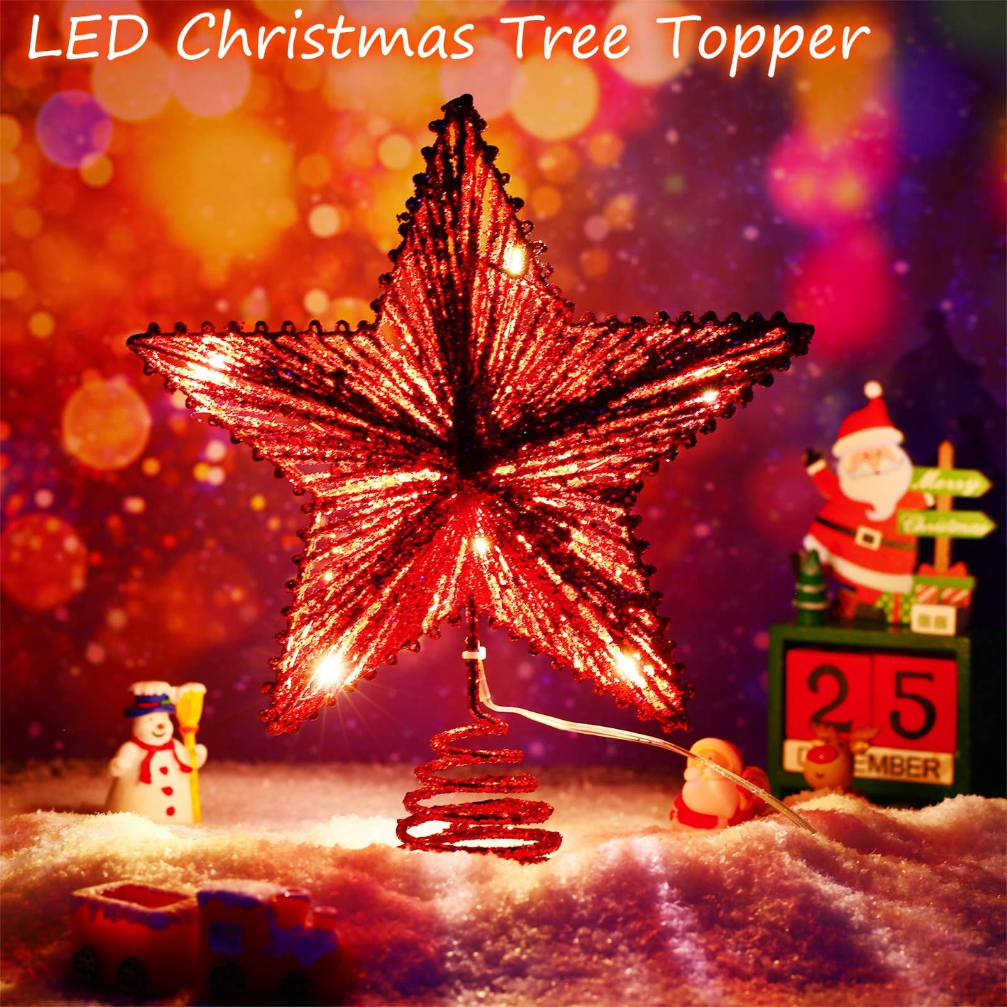 Aoriher 20 Light 10 Inches Christmas Star Tree Toppers Battery Operated Tree Topper with 20 Mini LED Lights for Christmas Holiday Seasonal Decoration (Red)