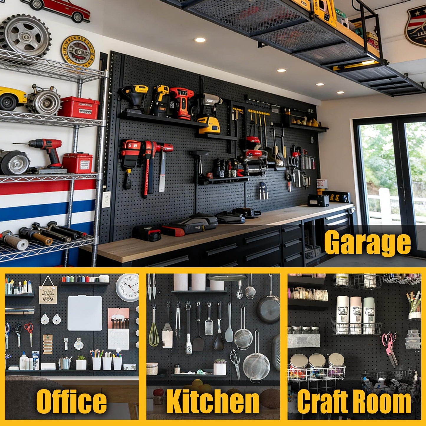 Spampur Peg Board, 6 Pack Metal Pegboard Panels Black Pegboards Wall Organizer with 50 Hooks, Heavy Duty Peg Board for Walls Home, Garage Tool Storage, Office Organization, Craft Room, Kitchen