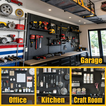 Spampur Peg Board, 6 Pack Metal Pegboard Panels Black Pegboards Wall Organizer with 50 Hooks, Heavy Duty Peg Board for Walls Home, Garage Tool Storage, Office Organization, Craft Room, Kitchen