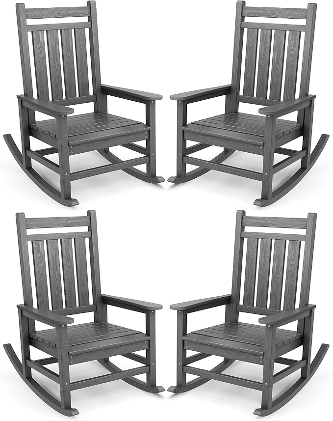 SERWALL Oversized Outdoor Rocking Chair Set of 4, HDPE Rocker for Adults, Patio Rocking Chairs for Porch, Grey