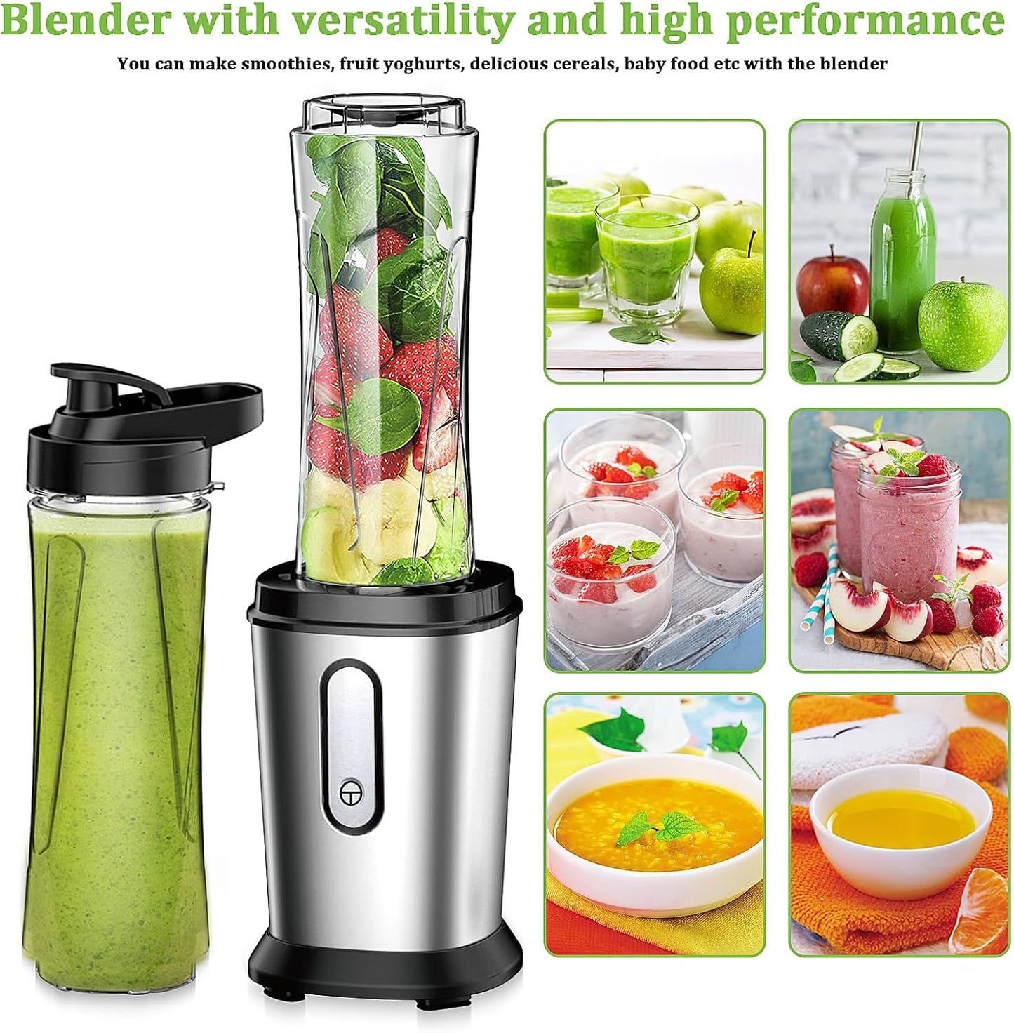 Electric Smoothie Blender, Powerful Small Blender with 2 Portable 20oz Tritan blender Bottles, BPA-Free with 4 Stainless Steel Blades, Mixer Smoothie Maker for Shakes and Smoothies