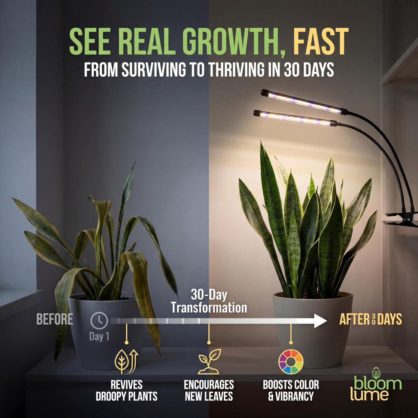 Bloom Lume LED Grow Lights for Indoor Plants Full Spectrum - Features Multi Mode Color Spectrums, Dimmable, Auto Timer, Clip on Goosneck Plant Lamp