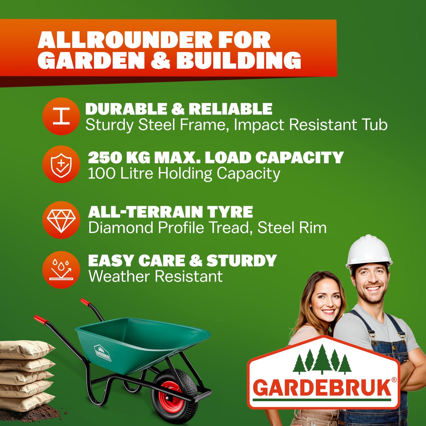 GARDEBRUK® Heavy Duty Garden Wheelbarrow | 100L 250KG | Pneumatic Tyre | Steel Rim | Impact-Resistant Polypropylene Tub | Strong Large Transport Trolley Handcart Wheel Barrow | Green & Black