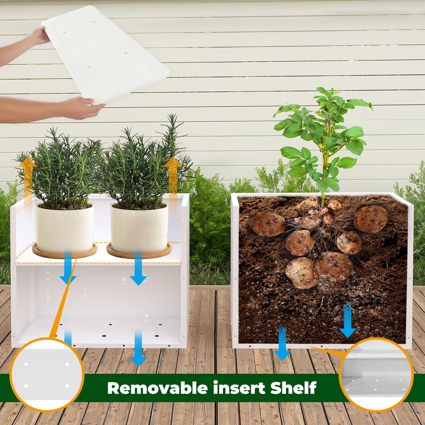 GZLVSOW Metal Heavy Planter Box 32" L x 15" W x 24" H White Metal Rectangular Outdoor Planter with Removable Insert Shelf for Outside, Indoor, Garden (White, 32 * 15 * 24)