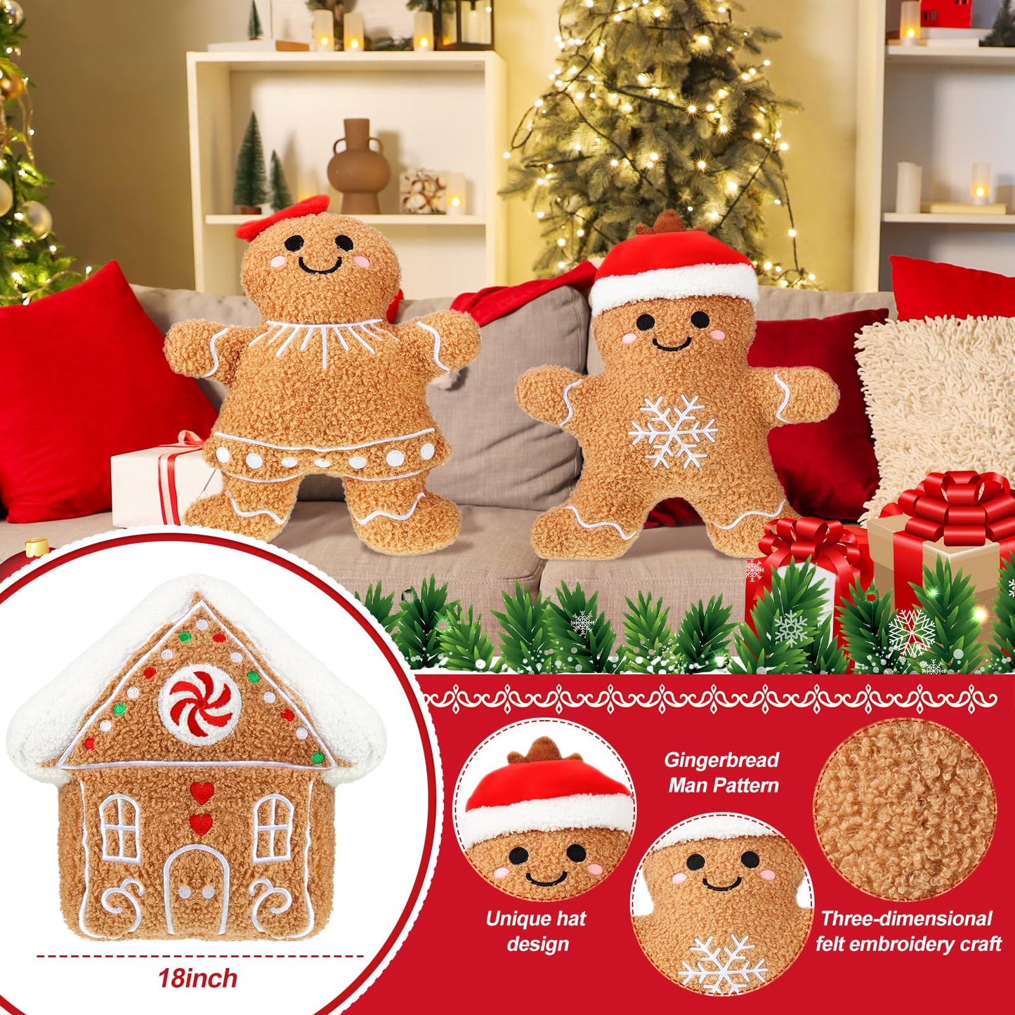 Konohan 3 Pcs Christmas Gingerbread Pillows House Man Throw Pillows Stuffed Gingerbread Shaped Pillow for Christmas Party Outdoor Cushion Decorations(Dark Yellow,Lovely Style)