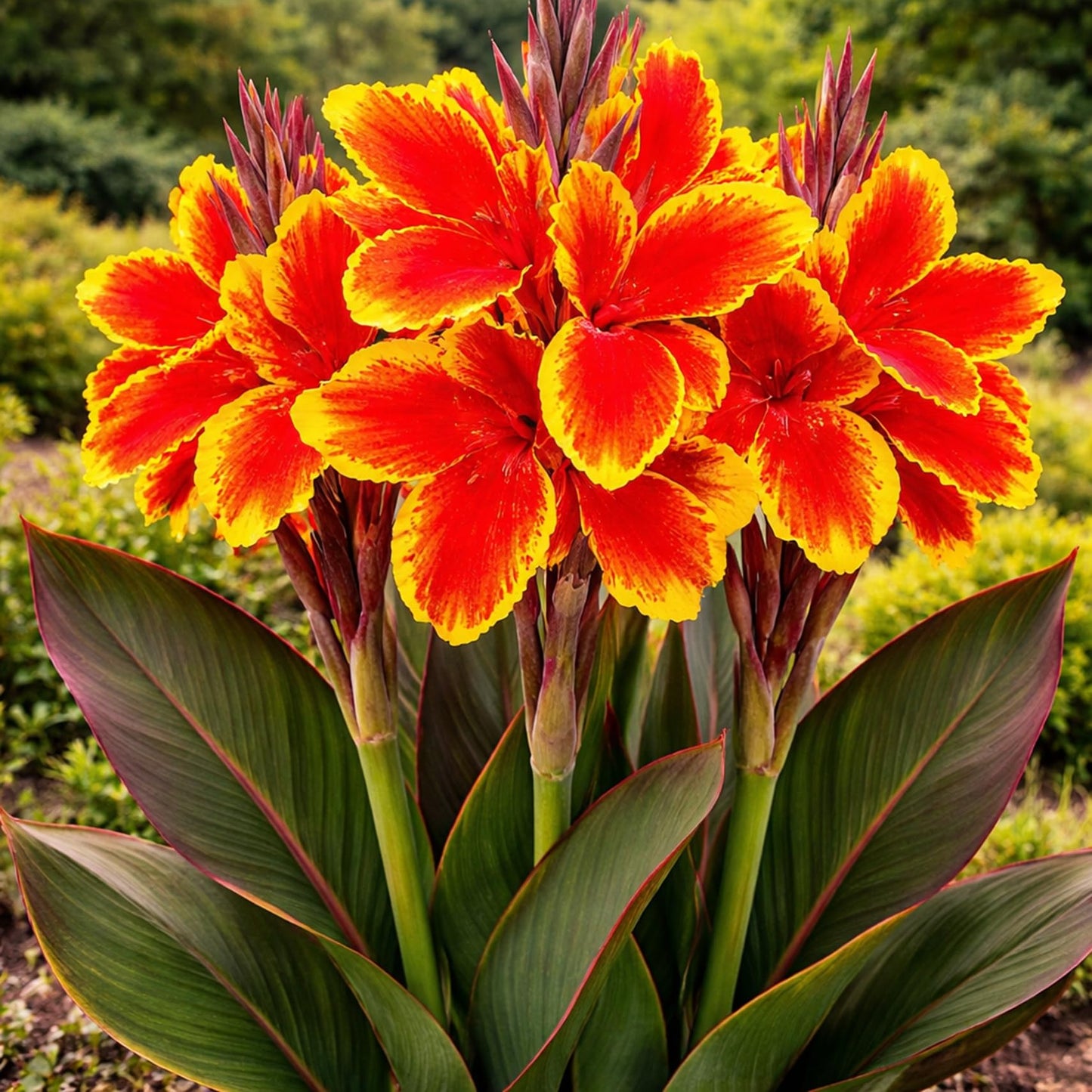 Lucifer Canna Lily Bulbs for Planting – Bright Red Flowers with Golden Yellow Edges – Tropical Summer Blooming Plants – Premium Canna Rhizomes (3 Bulbs)