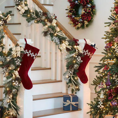 Adeeing Christmas Garland with Lights, Champagne Gold 6FT 20LED Pre-Lit Christmas Garland with Ball Ornaments, Ribbons, Pine Cones and Artificial Antlers for Door Mantle Stairs Christmas Decoration