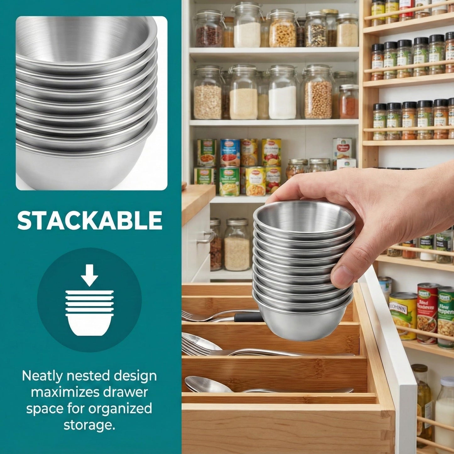 CathJune 100 Pcs 1.5 oz Stainless Steel Ramekins, Metal Dipping Sauce Cups, Small Condiment Cups for Kitchen, Restaurant, Camping, BBQ, Party and Seafood