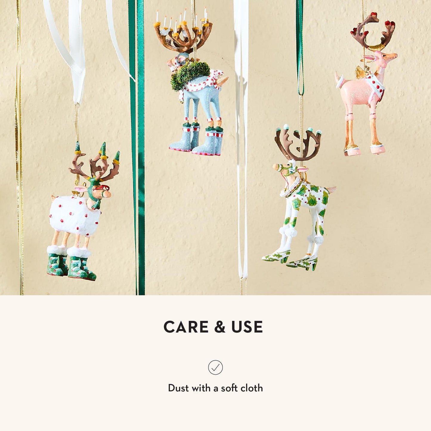 MACKENZIE-CHILDS Patience Brewster Dash Away Christmas Ornament, Indoor Christmas Decorations for the Christmas Tree, Mini Reindeer Set