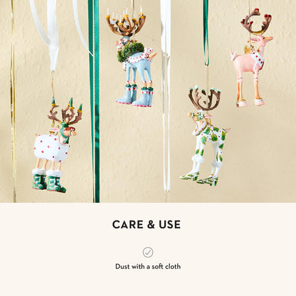 MACKENZIE-CHILDS Patience Brewster Dash Away Christmas Ornament, Indoor Christmas Decorations for the Christmas Tree, Mini Reindeer Set