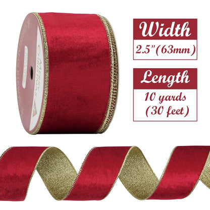 HUIHUANG Red Velvet Wired Ribbon Christmas Velvet Wired Edge Ribbon 2.5 inch Red and Gold Double Sided Ribbons for Christmas Tree Wreaths Gift Wrapping Bows Garlands Home Decor Crafts-10 Yards